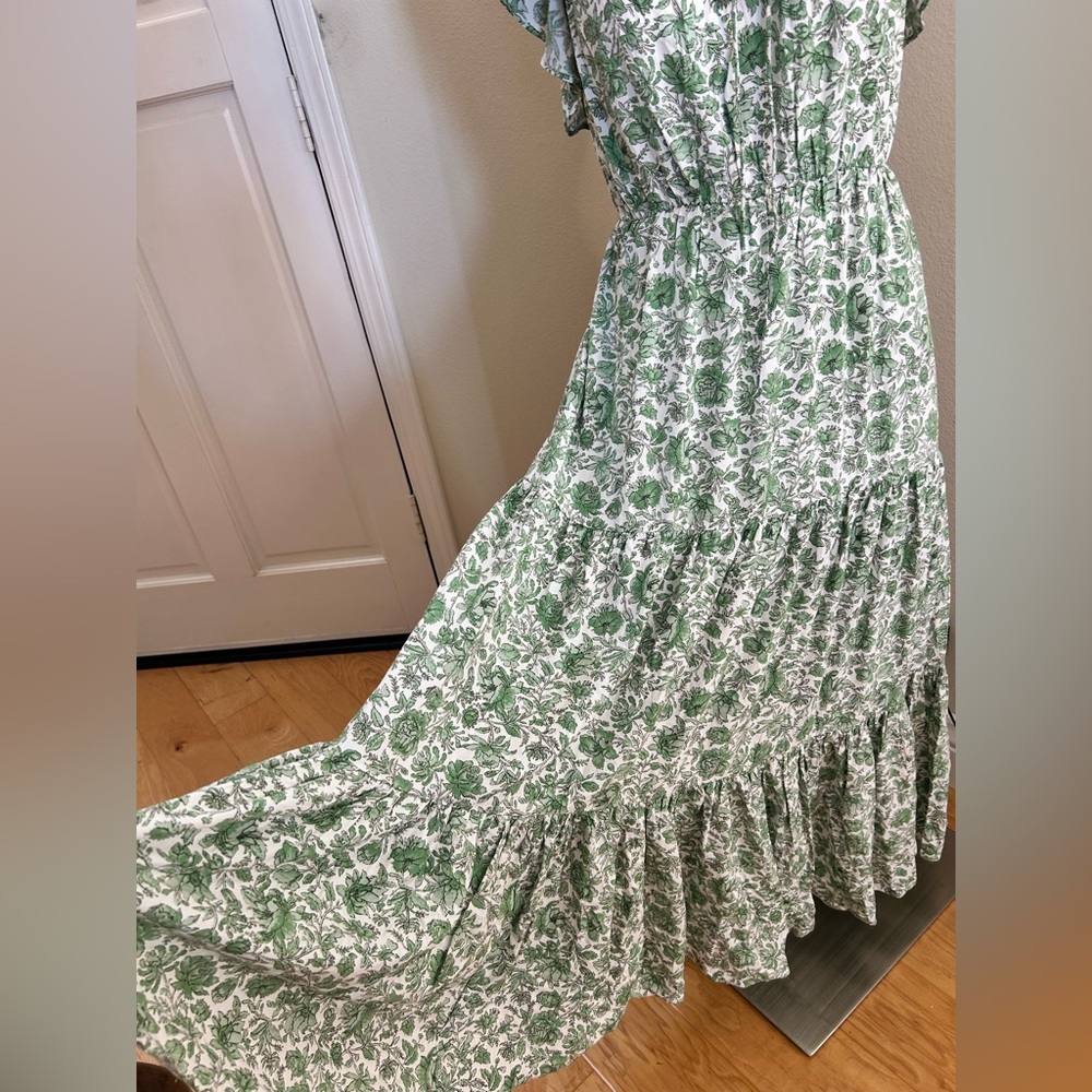 J. Crew NWT Tiered Maxi Dress in Tossed Floral Green Spaghetti Straps Pockets - Picture 4 of 10